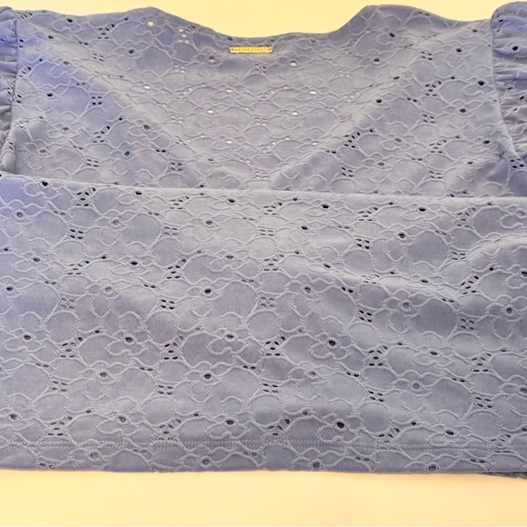 Michael Kors Floral Lace Eyelet Pull Over Blouse Blue Size Large Ruffled Sleeve - Picture 10 of 14